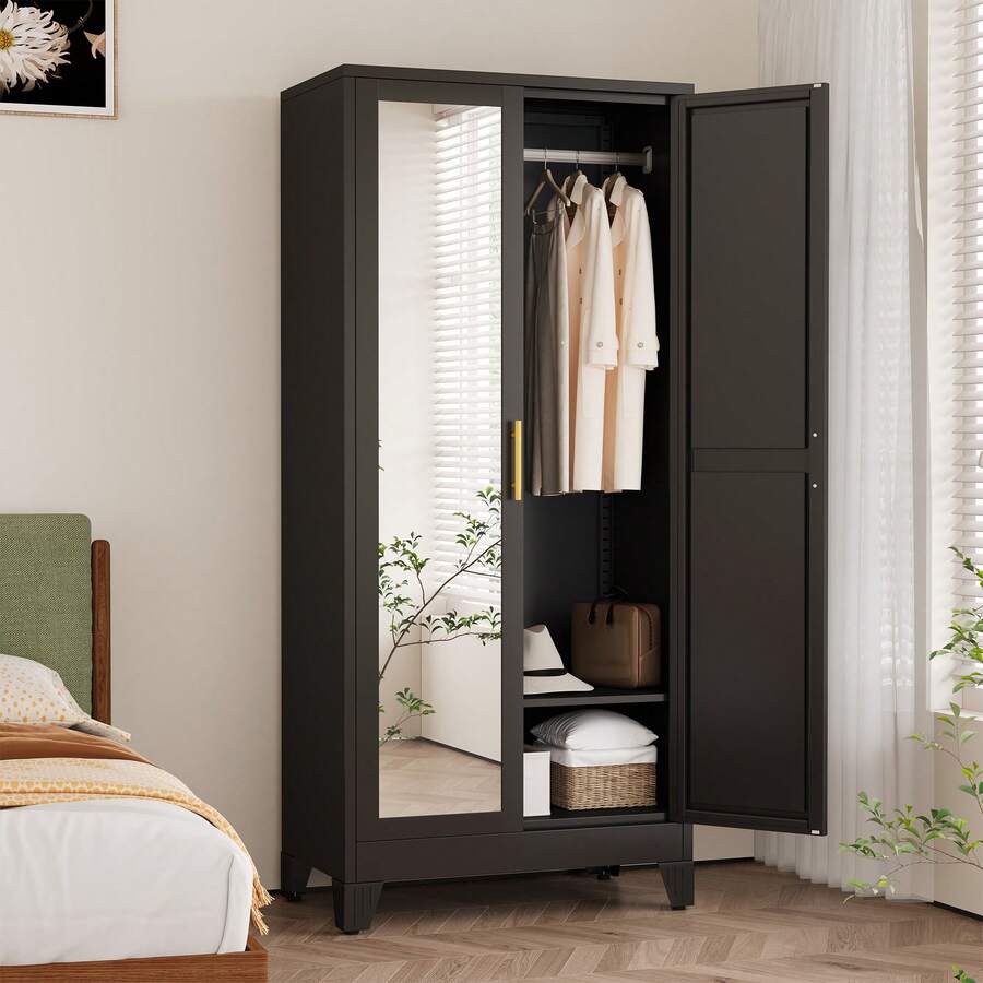 GEITIN 71 Inch Metal Clothing Storage Cabinet With Mirror And Hanger, With Double Doors And Adjustable Shelves. Used For Bedroom Wardrobes, Laundry Rooms, And Cloakrooms - màu đen - Xem 1