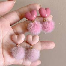 1 Pair Fluffy Pink Heart Earrings, Sweet & Cute Style Suitable For Women's Daily Wear, Furry Heart Earrings Pendant