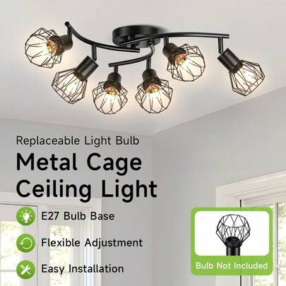 CANMEIJIA 4/3/6-Head Vintage Iron Ceiling Light Fixture, E27 Bulb Socket, Suitable For Indoor Decoration In Study, Bedroom, Living Room, Cafe, Exhibition Hall, Gallery, Museum, Corridor, Porch. Voltage: 85V-265V, Easy Installation, Customizable