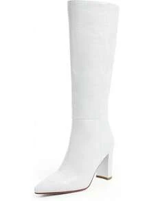 Women's Knee High Riding Boots - Tall, Long Calf High GoGo Chunky Faux Boots - Block Heel Pointed Toe - Size 6-11, Fashionable, 2025 Style - White - View 11