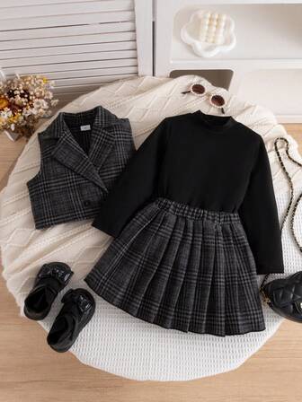 3pcs Young Girl's Casual Fashion School Style Patterned Vest Jacket, Paired With Simple Solid Turtleneck T-Shirt And Chic Plaid Pleated Skirt Set, Suitable For Daily, Outdoor, Commute, School, And Vacation