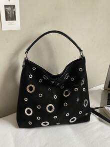 Borsa a secchiello leggera, casual business, monoblocco, stile retrò punk, con borchie in metallo, adatta per l'autunno e l'inverno. Alla moda e versatile per gli spostamenti, può essere indossata come borsa a spalla, a tracolla o a mano. Adatta per giovani donne, studentesse universitarie, nuove arrivate e professioniste. Perfetta per ufficio, università, lavoro, business, pendolarismo, attività all'aperto, viaggi e uscite.