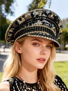 1 pieza Gorra de capitán con brillantes de estilo steampunk con rhinestones para mujeres y hombres, gorra militar, sombrero de pirata, adecuado para cosplay, Navidad, bar, despedida de soltera