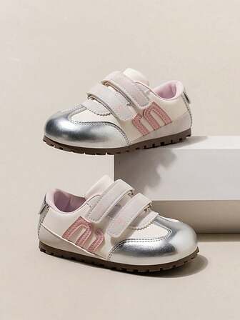 1 Pair Kids Shoes, Durable Flat Casual Shoes With Unique Silver Toe Cap, Fashionable & Novel, Suitable For Daily Wear, Outdoor, Training, School For Children