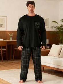 2 件男士加大码休闲宽松简约套头衫，带口袋和格子休闲裤睡衣套装，适合春季、秋季、冬季、情人节礼物