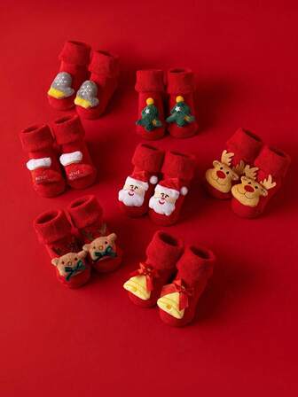 3 Pairs/2 Pairs/1 Pair Christmas Three-Dimensional Heel And Footprint, Non-Slip Polka Dot Sock Sole And Elastic Cuff Floor Socks, Cute Patterned Non-Slip Breathable Fall Socks For Toddlers And Babies Elk, Santa Claus, Snow Dolls, Boots, Christmas Tree