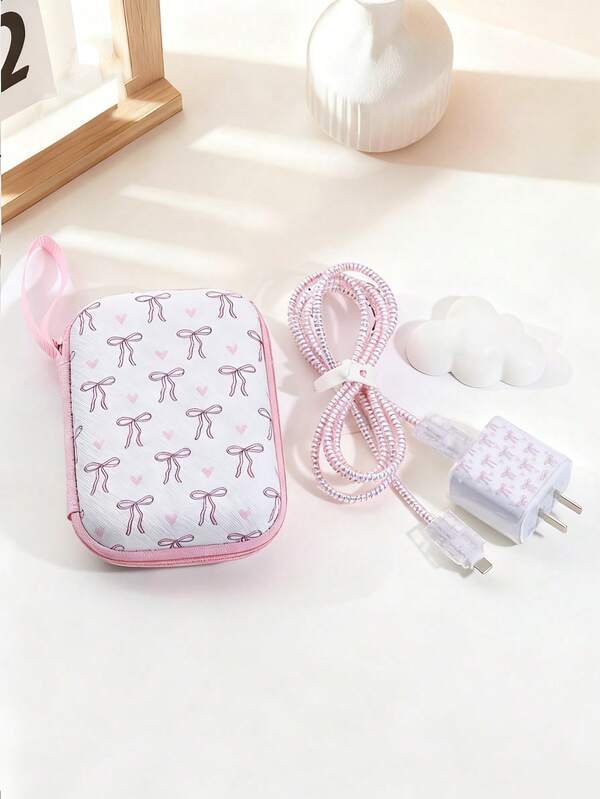 6pcs/Set Data Cable Protector Kit, Digital Product & Earphone Organizer, USB Cable Organizer & Protector, Charger Head Protector, Fashionable Bow Design Pouch