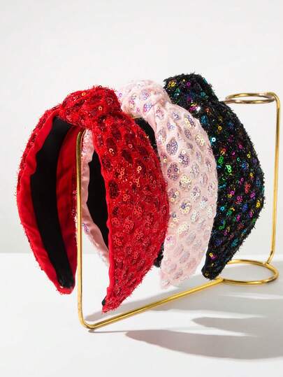 1pc Solid Color Fabric Fashion Sweet Fresh Headband, Versatile Knotted Wide Shiny Colorful Sequin Headpiece, Cute Style For Girls, Hair Band Hair Hoop