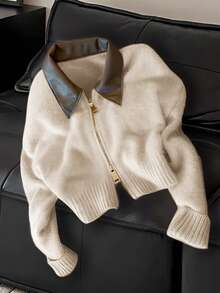 Vera Lane Women's Fall Winter Korean Style Old Money PU Collar Style Street Wear Boho Punk Two-Way Zipper Woolen Beige Jacket Christmas Sweater New Year Look - Apricot - View 5