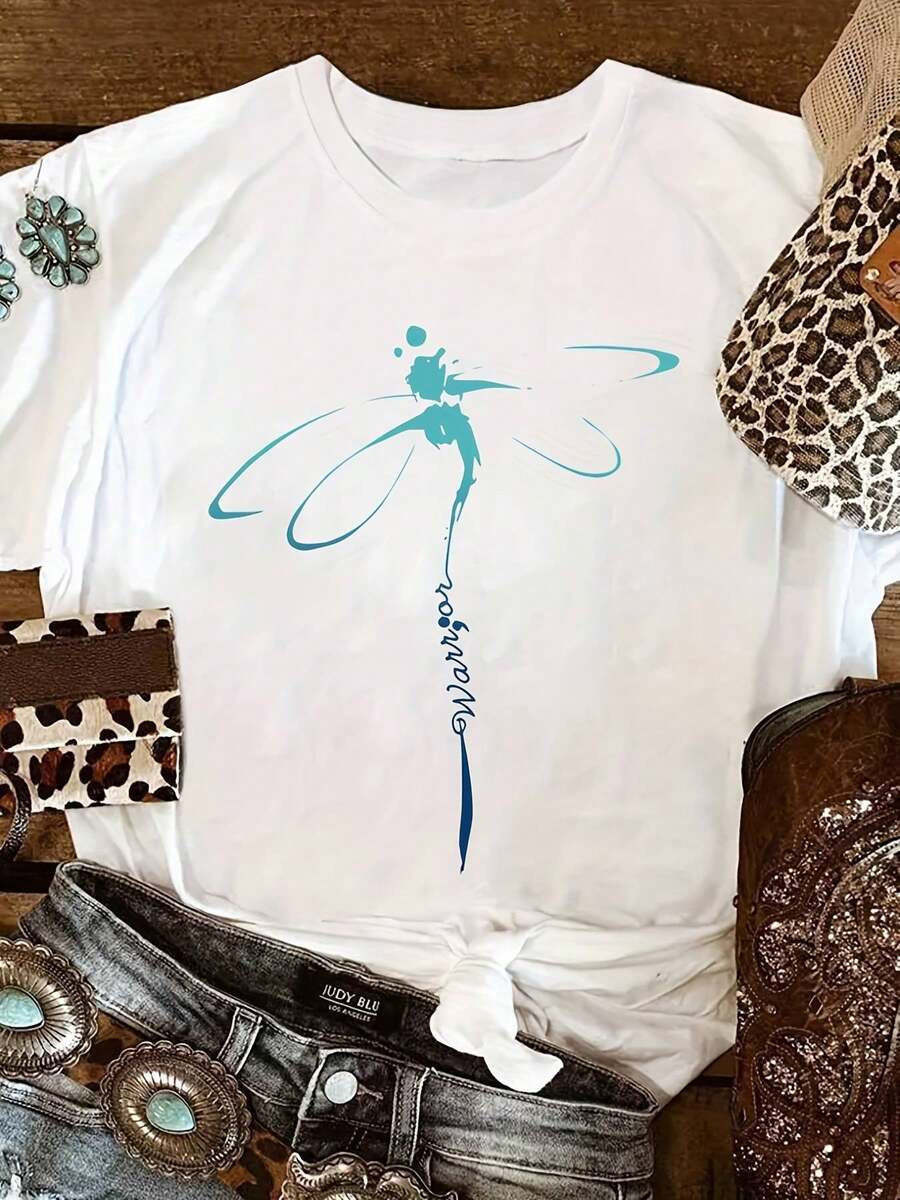 Camiseta de Verano Casual con Estampado de Libélula Guerrero en Degradé - Cuello Redondo y Lavable a Máquina, Diseño Gráfico Animal en Rosa Suave