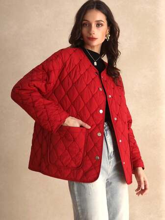 Elegant Embroidered Diamond Pattern Long Sleeve Round Neck Front Button Pocket Padded Coat