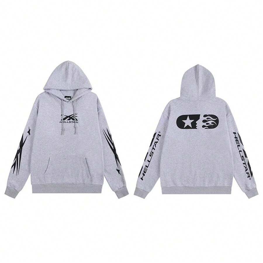 Hoodie, Retro Letter Print Hoodie, Men's Streetwear Long-Sleeve Hooded Sweatshirt, Couple Matching Outfit Sweatshirts - H520灰色 - 查看 1
