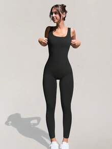 Yefecy Women Workout Seamless Jumpsuit Yoga Ribbed Bodycon One Piece Square Neck Leggings Romper - Black - View 7