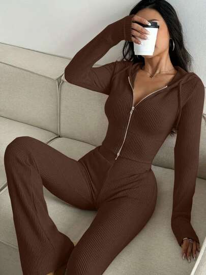 两件套女士连帽拉链长袖露脐上衣和喇叭裤家居服套装，休闲睡衣，适合户外穿着，秋冬季舒适保暖，秋季服装