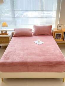 3 件套柔软舒适水晶天鹅绒床笠套装（1 件床笠 + 2 个枕套），可机洗，适合卧室和客房，四季皆宜 - 藕粉色 - 查看 4