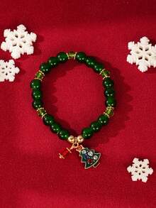 1 Stück minimalistisches grünes Perlen-Kristall Weihnachtsbaum Charm Elastikarmband, Damen Accessoire für den täglichen Gebrauch, Dates, Partys, Weihnachtsgeschenk