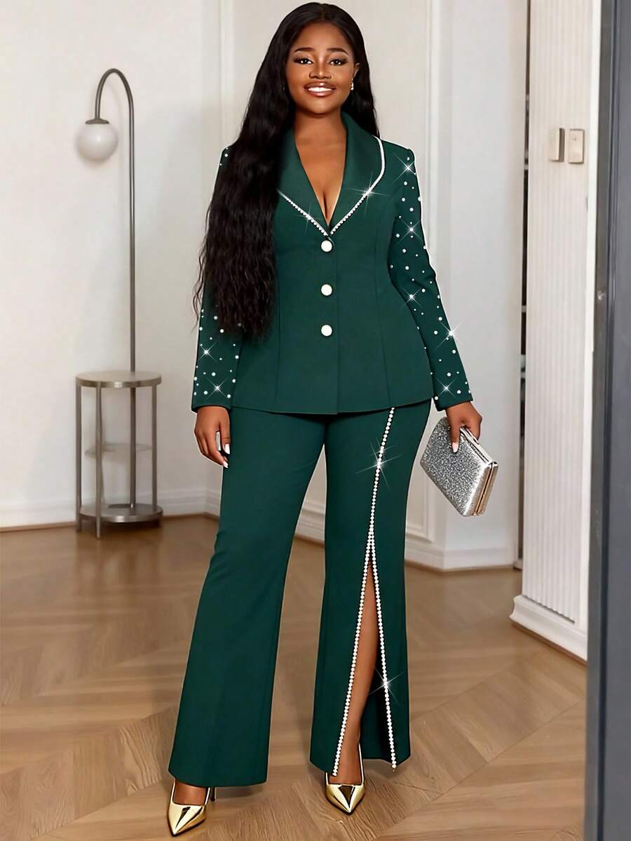AOMEI Plus Size Women Green Solid Color Lapel Collar Long Sleeve Set : Beaded Shoulder Long SleeveJacket And Beaded Side Pants,Elegant For Party, Daily Wear, Fall/Winter,Suit