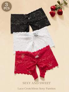 3PCS Boxer Shorts Women Sexy Lace Hollow Semi Translucent Crotchless No Need To Take It Off Women Sexy Panties, Sweet Spicy Sexy Hot Lingerie, Light And Soft Hip Covering All Seasons Underwear, Home Travel Party Gift Christmas - Multicolor - View 2