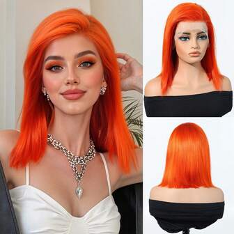 13x4 Lace Front Peruk, Äkta Hår, Ginger Bobcut Peruk, Förplockad, 10-tums HD Lace Front Peruk, Kort Transparent Peruk
