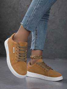 女士休闲运动鞋，时尚小白鞋，街头风格滑板鞋，轻便 - 棕色 - 查看 4