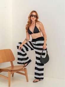 Beachwear PANTALONA Pants With Adjustable Waistband Striped Knitwear Summer Beachwear All Lace - Hoa hồng - Xem 4