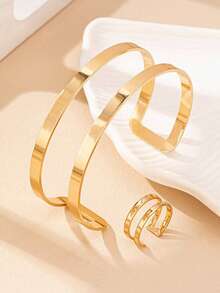 Minimalist Bracelet/Bangle And Ring Set - 18k Gold Plated And 925 Silver, Modern Elegance - Dorado - Ver 8