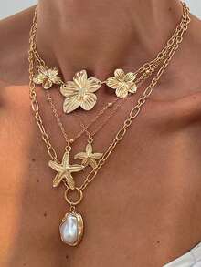 4pcs Women's Vintage Creative Elegant Fashion Metal Flower Decor Baroque Faux Pearl Necklace Set, Ocean Style Starfish Pendant Multilayer Necklace Set
