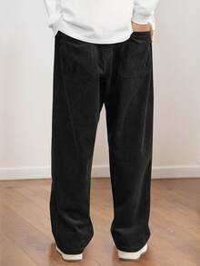 Women's Corduroy Casual Pants With A Drawstring Waist, Back Pockets, And A Fashionable Letter Label, Suitable For Everyday Wear - 黑色 - 查看 2