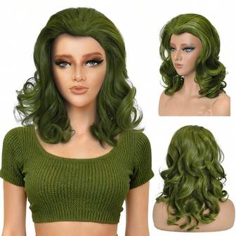 Retro Green Short Curly Wig, Vintage Wavy Style Fashion Personalized Cosplay Headpiece, Suitable For Halloween Party And Festivals