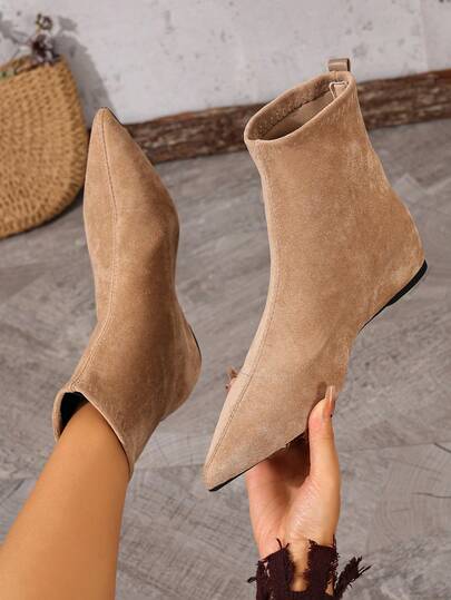 隐形坡跟修身踝靴，尖头弹力袜靴，简约百搭靴子
