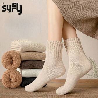 1 Pair Thick Wool Blend Mid-Calf Snow Socks, Warm, Moisture-Wicking, Odor-Resistant Fluffy Socks With Nordic Style Striped Pattern, Unisex Ski Socks For Outdoor Sports/Skiing/Christmas Season