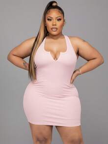 Plus Size Rib Knit Split Neck Bodycon Dress, Elegant Women's Plus Size Clothing For Summer - 臉紅 - 查看 1