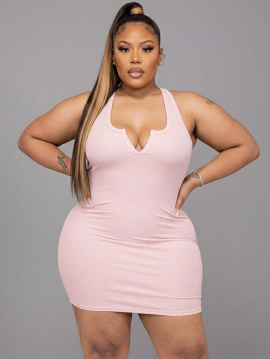 Plus Size Rib Knit Split Neck Bodycon Dress, Elegant Women's Plus Size Clothing For Summer - 臉紅 - 查看 1