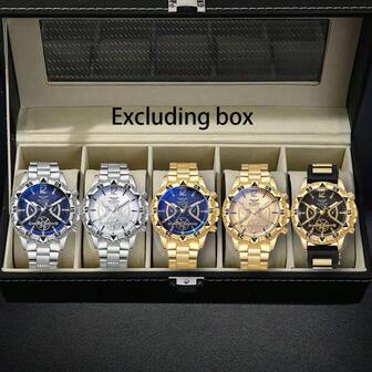 5 件套男士石英表套装，简约风格，圆形合金表壳，商务合金表带，优雅礼品套装