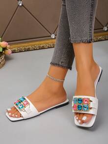 女士新款水钻休闲沙滩拖鞋 - 白色 - 查看 5