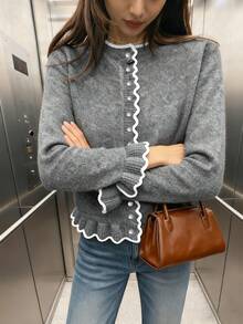 Femmes Mode Automne et Hiver Cardigan Veste Top Casual à Col Rond avec Volants sur le Bord du Col