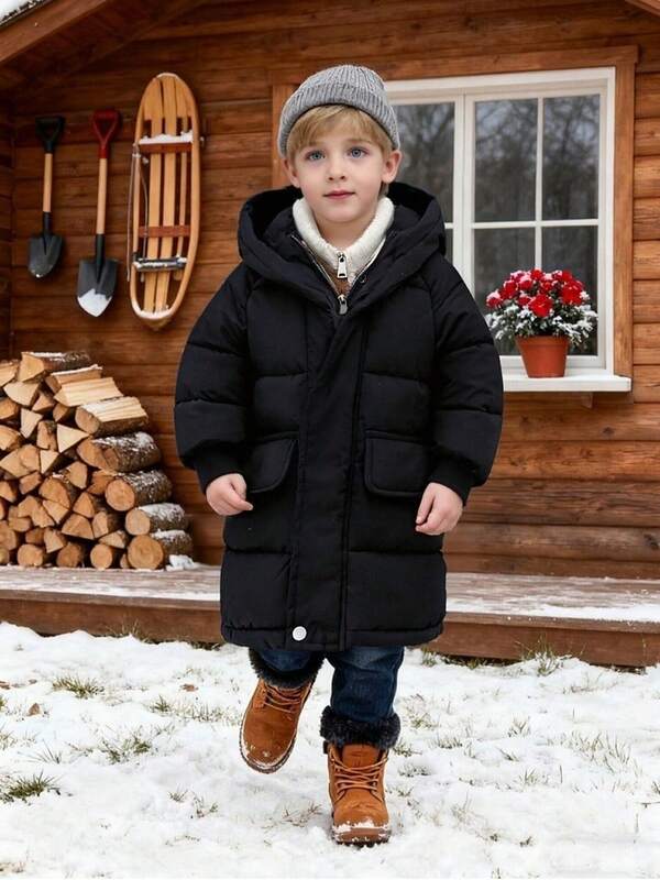Casaco acolchoado com capuz e manga comprida, casual e grosso para meninos, estilo escolar moderno para outono/inverno