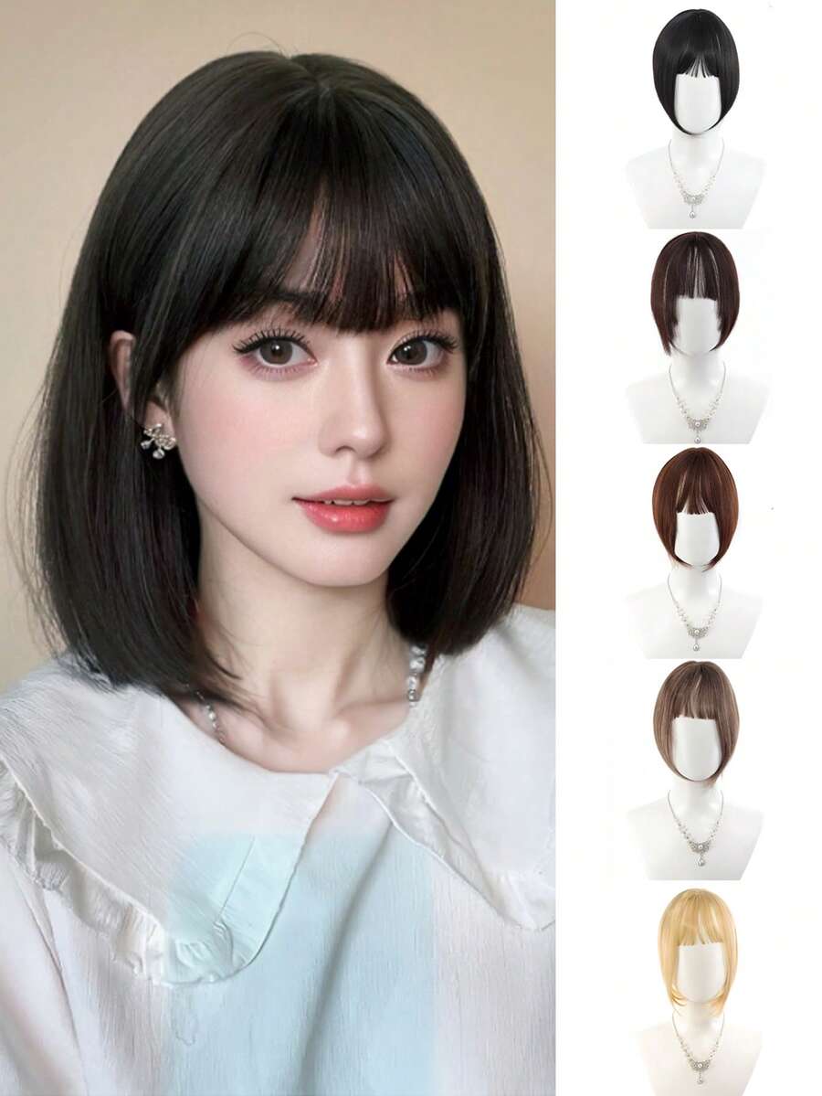 12英寸黑色刘海合成假发片，适合头发稀疏的女性，包含亮泽纤维，夹式刘海假发，适合节日发型