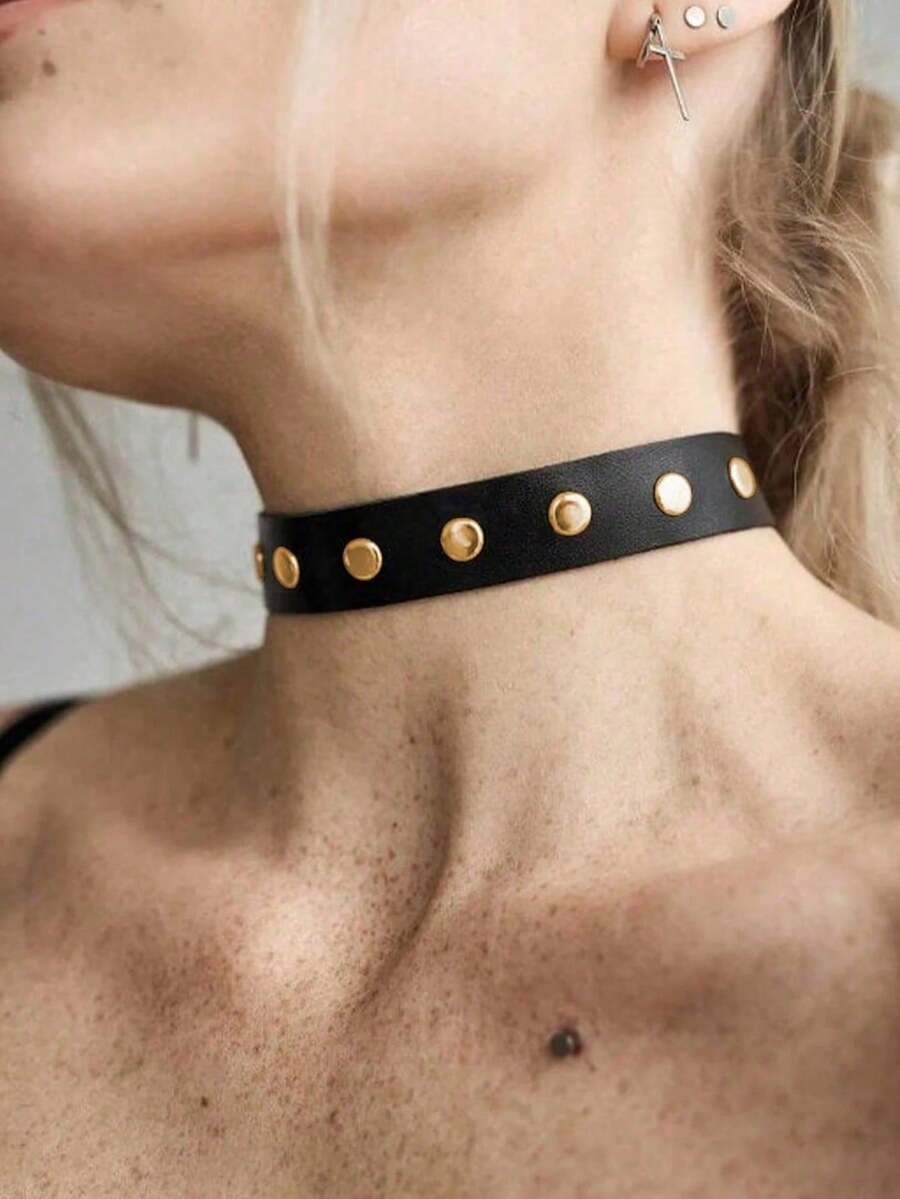 1件装女士性感朋克风颈链，摇滚哥特风黑色PU皮革流苏铆钉项圈装饰条吊坠派对饰品配饰 - 黑色 - 查看 1