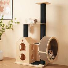 Solid Wood Cat Tree With Exercise Wheel, 4 Platforms, 2 Niches And Sisal Posts, Dimensions 80x40x152 Cm, Washable Scratching Mats, Activity Cat Tree - Natural + Wood - View 12