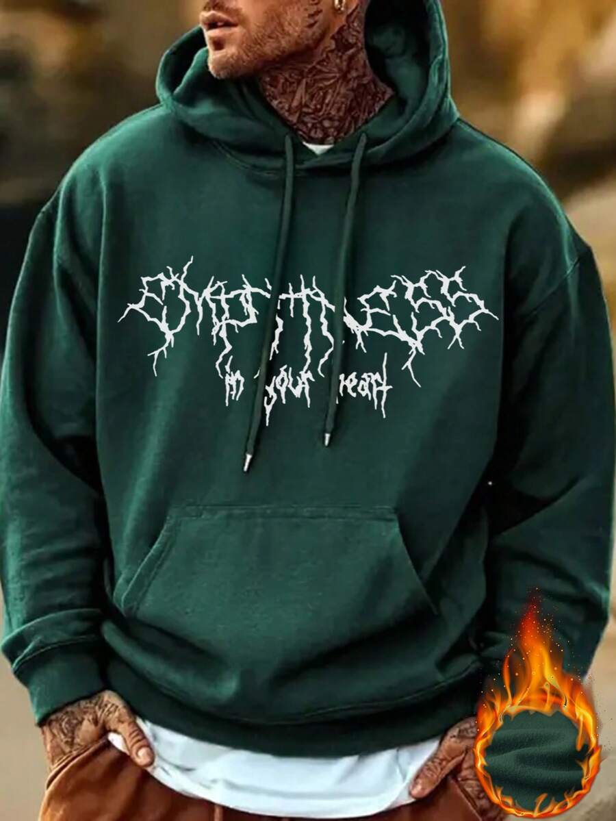 Men's Hoodie, New Autumn/Winter Street Fashion Element Print Thermal Lined Hooded Sweatshirt, Long Sleeve Top - Green - View 1