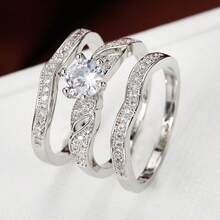 Juego de 3 anillos de circonita blanca, joyería de moda adecuada para usar en Navidad - Plateado - Ver 4