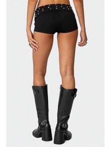 Women Low Waist Studs Fold Over Micro Short Punk Y2K Casual Bottoms Shorts Pj Yoga PajamasA Valentine's Day YBLO - 黑c - 查看 2