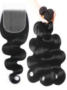 Ciocche di capelli umani con onde del corpo con chiusura, con linea dei capelli pre-sfoltita, 4 ciocche di capelli umani con chiusura in pizzo 5x5, pizzo trasparente frontale con baby hair, capelli naturali