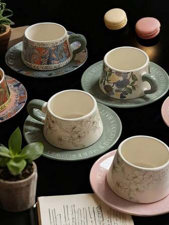 1 Set 300ml Floral Pattern Ceramic Cup & Saucer, Artistic Colorful Floral Design Ceramic Cup & Saucer, Cup With Delicate Floral Pattern Details, Suitable For Coffee, Black Tea Tasting, Ideal For Daily Afternoon Tea And Home Decor