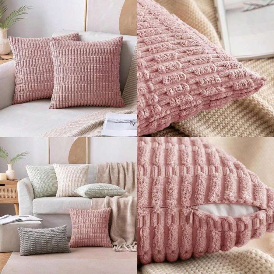 Jesir 2 Fundas de cojín Decorativas,Suave Cojín Cuadrado Bohemio a Rayas,Funda de cojín de Pana para sofá,45x45 cm/50x30cm ()(Rosa-45X45CM) - Tipo 10 - Ver 1