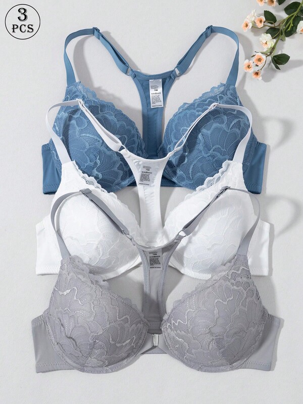 3pcs Lace Patchwork Women's Bra Set, Underwire Push-Up Design, Adjustable Straps, Comfortable & Breathable, Sexy & Slim Fit For Daily Wear