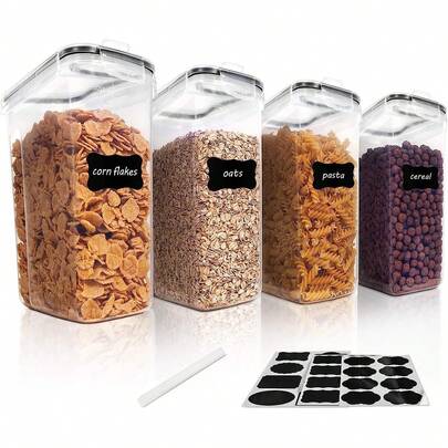 Storage Jars with Lid, Airtight, Large, 5L, Set of 4, Storage Box, Kitchen, Moth-Proof Kitchen Organiser, Flour, Spaghetti Cornflakes, Cereal Storage, Storage Container with Labels