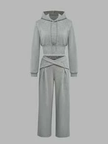 Ensemble 2 pièces femme, sweat-shirt à capuche manches longues mode décontractée avec design de découpe à la taille et pantalon de survêtement ample, gris