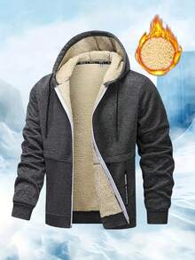 1pc Men's Long Sleeve Thermal Lined Jacket Thermal Lined Thick Zip Up Hoodie Sherpa Lined Casual Jacket, Fall/Winter - Dark Grey - View 5